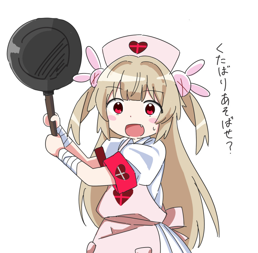 &gt;_&lt; 1girl apron armband bandaged_wrist bandages blonde_hair blush collared_dress commentary_request dress fang frying_pan hair_ornament hands_up hat heart heart_print highres holding holding_frying_pan long_hair looking_at_viewer natori_sana nurse_cap open_mouth pink_apron pink_headwear puffy_short_sleeves puffy_sleeves rabbit_hair_ornament red_armband red_eyes sana_channel sanz_zzz short_sleeves simple_background solo sweatdrop two_side_up virtual_youtuber white_background white_dress wide-eyed