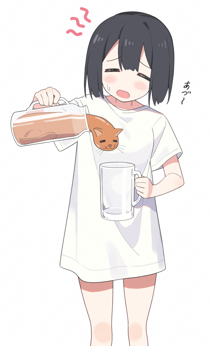 1girl absurdres animal black_hair blush cat closed_eyes commentary_request cup hair_between_eyes highres holding holding_cup mug nirareba open_mouth original pitcher_(container) short_sleeves simple_background solo standing sweat translation_request white_background