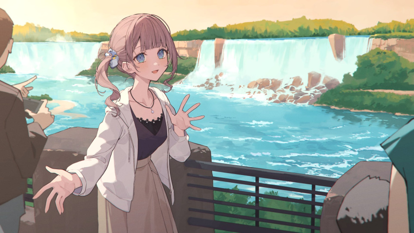 1girl blue_eyes blue_scrunchie blunt_bangs breasts brown_hair brown_shirt brown_skirt collarbone curly_hair drawstring english_commentary highres hill hood hoodie jewelry lace-trimmed_shirt lace_trim leaning_forward long_skirt looking_at_viewer medium_breasts mochizuki_honami necklace outdoors project_sekai scrunchie second-party_source shirt side_ponytail sidelocks skirt smile solo tsukino_(nakajimaseiki) water waterfall waves white_hoodie