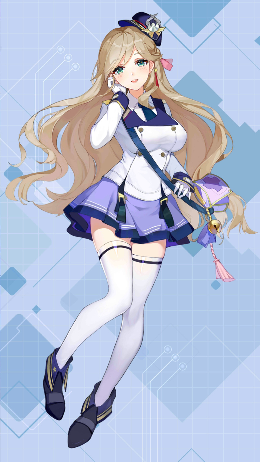 1girl :d ankle_boots bag bell blue_background blue_footwear blue_headwear blue_necktie blue_skirt blush boots braid breasts collared_shirt curly_hair epaulettes female_service_cap fold-over_boots french_braid full_body girl_cafe_gun gloves grainne_draser_(girl_cafe_gun) green_eyes grid_background hand_on_own_face hand_up highres impossible_clothes impossible_jacket jacket knees_together_feet_apart large_breasts light_brown_hair long_hair long_sleeves looking_at_viewer miniskirt necktie official_art shirt shoulder_bag skirt smile solo standing standing_on_one_leg swept_bangs thigh-highs tilted_headwear very_long_hair white_gloves white_jacket white_shirt white_thighhighs zettai_ryouiki