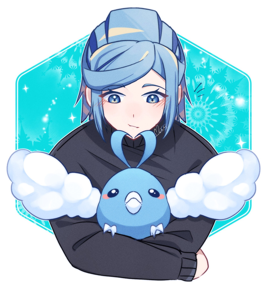 1boy alternate_costume black_sweater blue_eyes blue_hair blush closed_mouth commentary_request eyelashes green_background grusha_(pokemon) highres holding holding_pokemon long_sleeves looking_down male_focus mocacoffee_1001 notice_lines pokemon pokemon_(creature) pokemon_(game) pokemon_sv signature swablu sweater upper_body