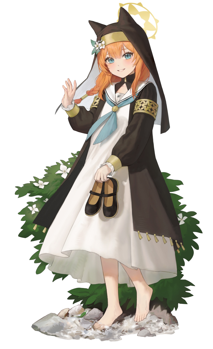 1girl absurdres barefoot blue_archive blue_eyes blue_neckerchief braid bush dress feet flower full_body habit hairband halo hand_up hat hat_flower highres holding holding_shoes kir_(khw66136132) looking_at_viewer mari_(blue_archive) mary_janes neckerchief nun orange_hair parted_lips shoes shoes_removed side_braid simple_background single_braid solo standing toenails toes veil wading white_background white_dress white_flower white_hairband yellow_halo