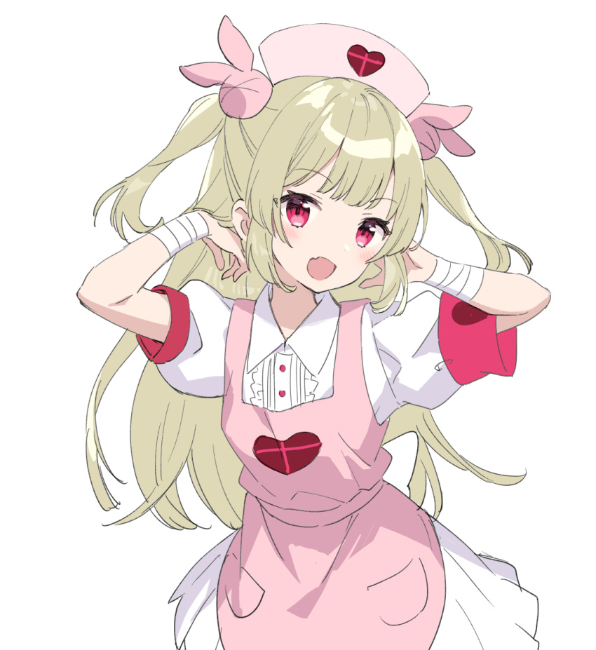 &gt;_&lt; 1girl :d ame8desu apron armband bandaged_arm bandaged_wrist bandages center_frills collared_dress commentary_request cowboy_shot dress fang frills hair_ornament hands_up hat heart heart_print highres long_hair looking_at_viewer natori_sana nurse_cap open_mouth pink_apron pink_headwear pocket puffy_short_sleeves puffy_sleeves rabbit_hair_ornament red_armband red_eyes safety_pin sana_channel short_sleeves simple_background smile solo two_side_up virtual_youtuber white_background white_dress