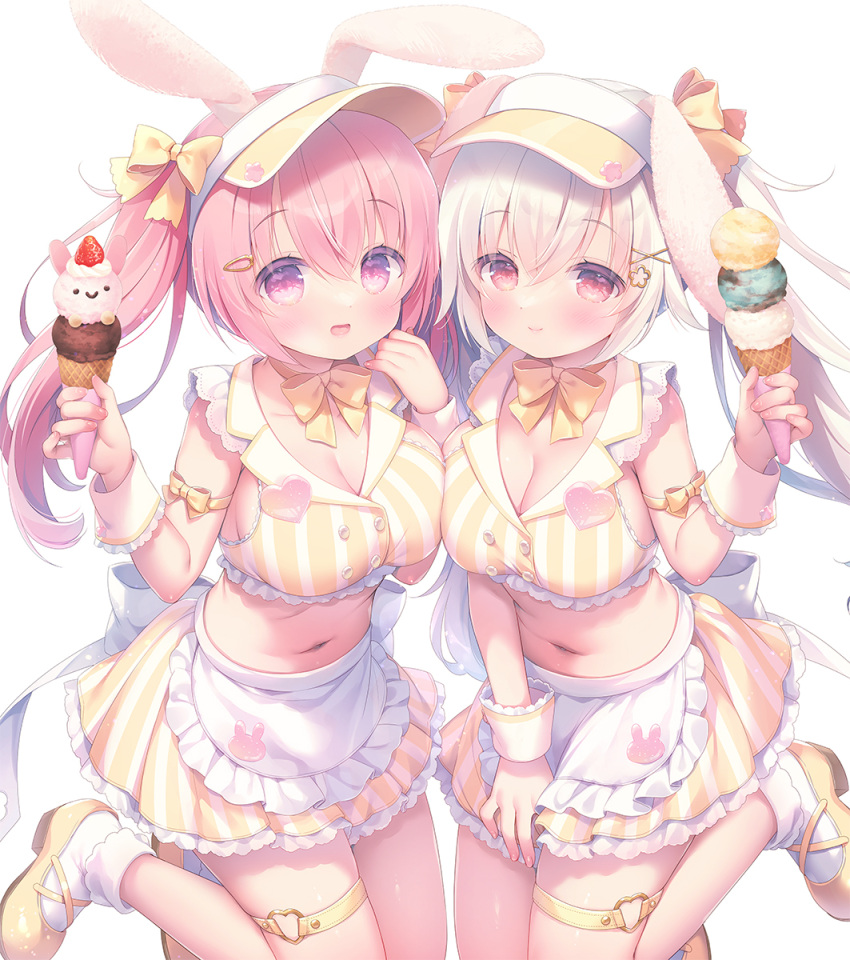 2girls apron arm_ribbon blush bow bow_choker breasts carrot_hair_ornament cleavage crop_top food garter hair_bow hair_ornament hat heart holding holding_food holding_ice_cream ice_cream jumping large_breasts long_hair looking_at_viewer mary_janes navel open_mouth original pink_eyes pink_hair rabbit rabbit_ears ruffles short_skirt sideboob skirt smile socks stomach strawberry tied_hair twintails usashiro_mani white_background white_hair white_socks wrist_cuffs yellow_bow