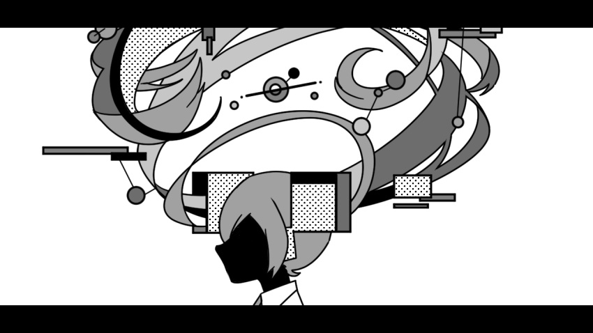 1girl abstract circle collared_shirt commentary_request floating_hair from_side greyscale halftone hatsune_miku letterboxed long_hair machigami_yoh monochrome portrait profile rectangle shapes shirt silhouette simple_background solo vocaloid white_background
