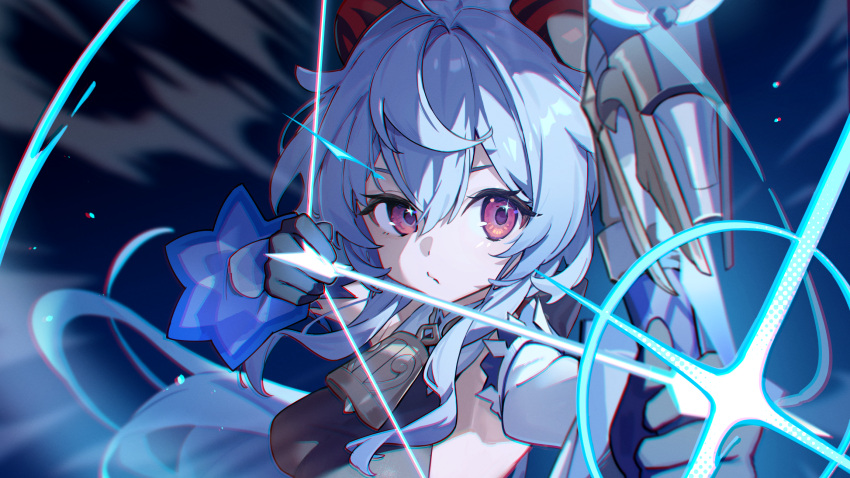 1girl amos'_bow_(genshin_impact) arrow_(projectile) bell blue_hair bow_(weapon) breasts close-up detached_sleeves drawing_bow ganyu_(genshin_impact) genshin_impact highres holding holding_bow_(weapon) holding_weapon horns long_hair looking_at_viewer medium_breasts neck_bell shirama_(c2h76_5) sidelocks solo upper_body violet_eyes weapon white_sleeves