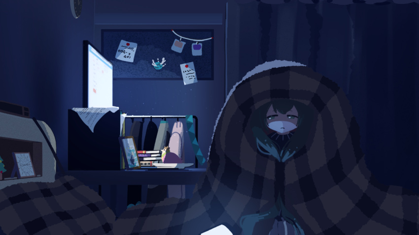 1girl aqua_eyes bulletin_board closed_mouth clothes_rack commentary_request commission curtains dark half-closed_eyes hatsune_miku indoors long_hair looking_at_viewer machigami_yoh monitor night on_bed screen_light sitting solo twintails under_covers vocaloid