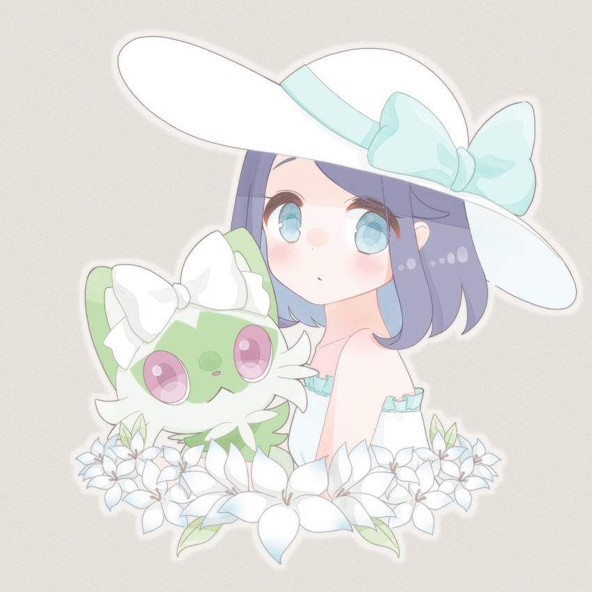 1girl absurdres alternate_costume black_hair blush bow closed_mouth commentary dress eyelashes flower frills green_bow green_eyes hat hat_bow highres liko_(pokemon) looking_at_viewer petako_(ptpt_k) pokemon pokemon_(anime) pokemon_(creature) pokemon_horizons sprigatito strapless strapless_dress sun_hat white_dress white_flower white_headwear