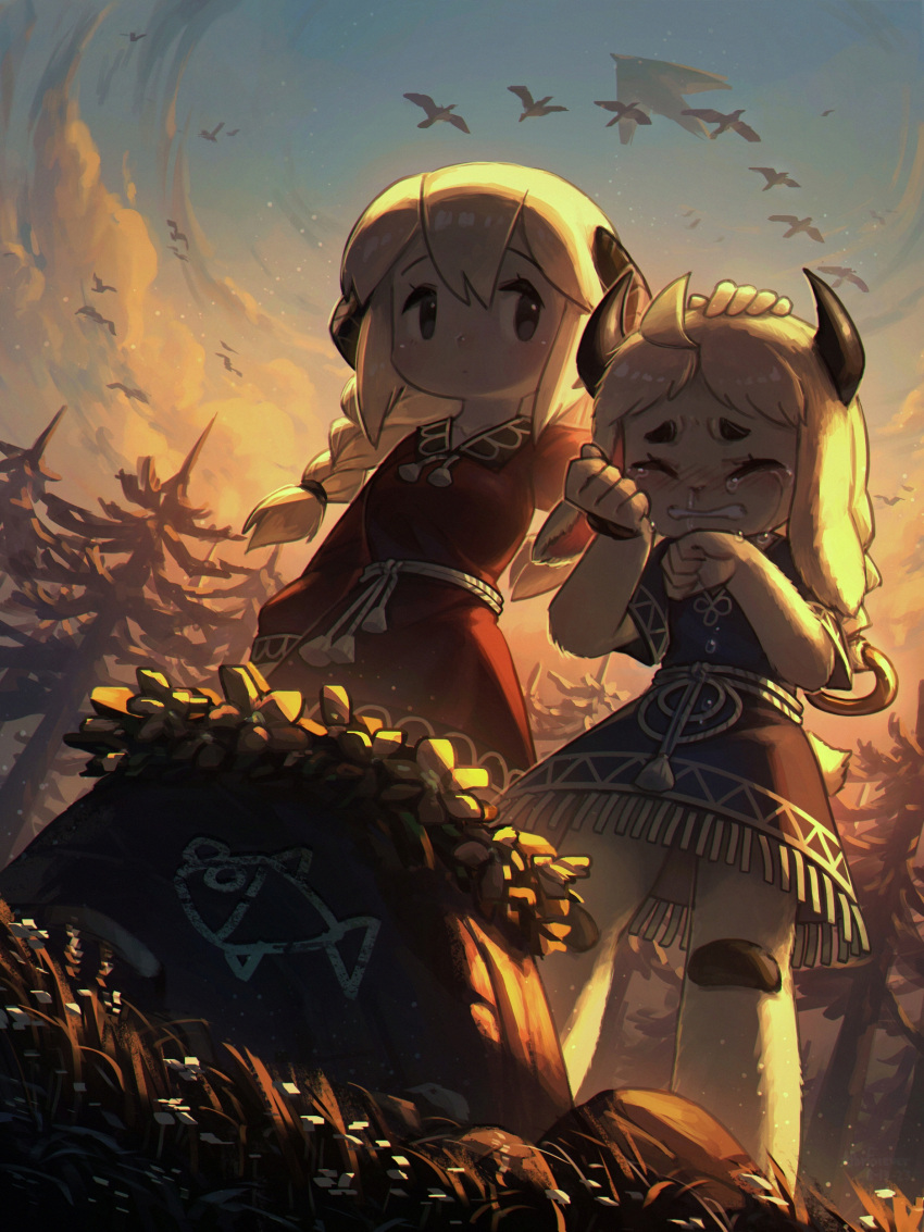 2girls absurdres ahoge animal_ears bird black_eyes braid clouds cloudy_sky colored_skin crying dress expressionless fantasy forest furry furry_female goat_ears goat_girl goat_horns grass grave hand_on_another's_head highres horns long_hair looking_at_another multiple_girls nature original porforever sky standing sunset sunset_(porforever) tree twin_braids white_hair white_skin
