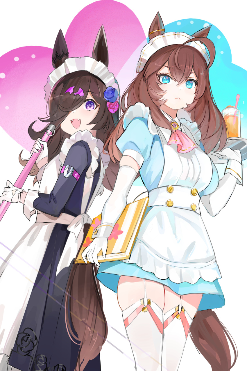 2girls ahoge alternate_costume animal_ears apron ascot black_dress blue_eyes brown_hair cup dress elbow_gloves enmaided fangs frilled_apron frills from_below gloves hair_between_eyes hair_over_one_eye highres holding holding_menu holding_tray horse_ears horse_girl horse_tail kik1 long_hair looking_at_viewer maid maid_apron maid_headdress menu mihono_bourbon_(umamusume) multiple_girls pink_ascot puffy_short_sleeves puffy_sleeves rice_shower_(umamusume) short_sleeves tail tail_through_clothes thigh-highs tray umamusume violet_eyes waist_apron white_apron white_gloves white_thighhighs