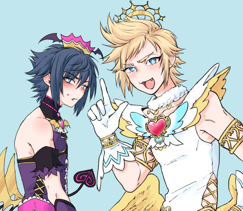 2boys bird black_hair blonde_hair blue_background blue_eyes blush bright_pupils brooch closed_mouth comedy commentary_request crossdressing crow demon_tail demon_wings fake_wings fang final_fantasy final_fantasy_xv freckles gedougawa gloves grey_hair hair_between_eyes heart heart_brooch jewelry long_bangs looking_at_viewer magical_girl male_focus multiple_boys noctis_lucis_caelum open_mouth parody_request pink_brooch prompto_argentum purple_shirt shirt short_bangs short_hair simple_background sleeveless sleeveless_shirt smile tail upper_body white_gloves white_pupils white_shirt wings yellow_wings