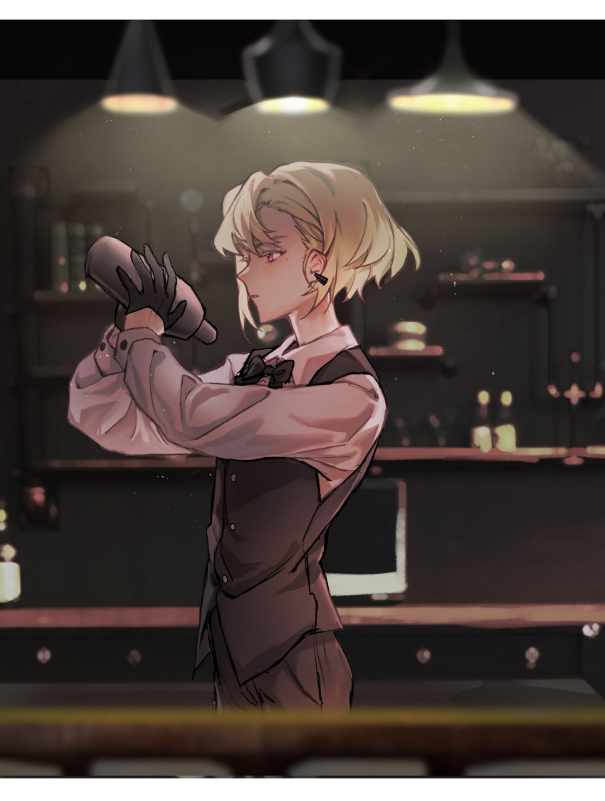 1boy alternate_costume androgynous bar_(place) bartender black_bow black_bowtie black_gloves black_pants black_vest blonde_hair bottle bow bowtie buttons chinese_commentary collared_shirt commentary_request counter denim drawer ear_piercing from_side gloves highres holding holding_bottle indoors jeans komatsu2536 lamp lio_fotia long_sleeves looking_at_object pants piercing pink_eyes promare shaking shelf shirt short_hair vest white_shirt wine_bottle