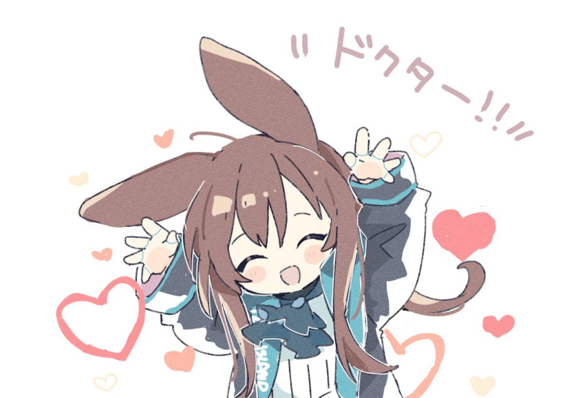 1girl :d ^_^ ahoge amiya_(arknights) animal_ears arknights arms_up ascot black_jacket blue_ascot blush_stickers brown_hair chibi closed_eyes facing_viewer heart jacket jewelry long_hair multiple_rings naguru_(cyoroama) open_clothes open_jacket open_mouth rabbit_ears rabbit_girl ring shirt sidelocks simple_background smile solo thumb_ring translated upper_body white_background white_shirt