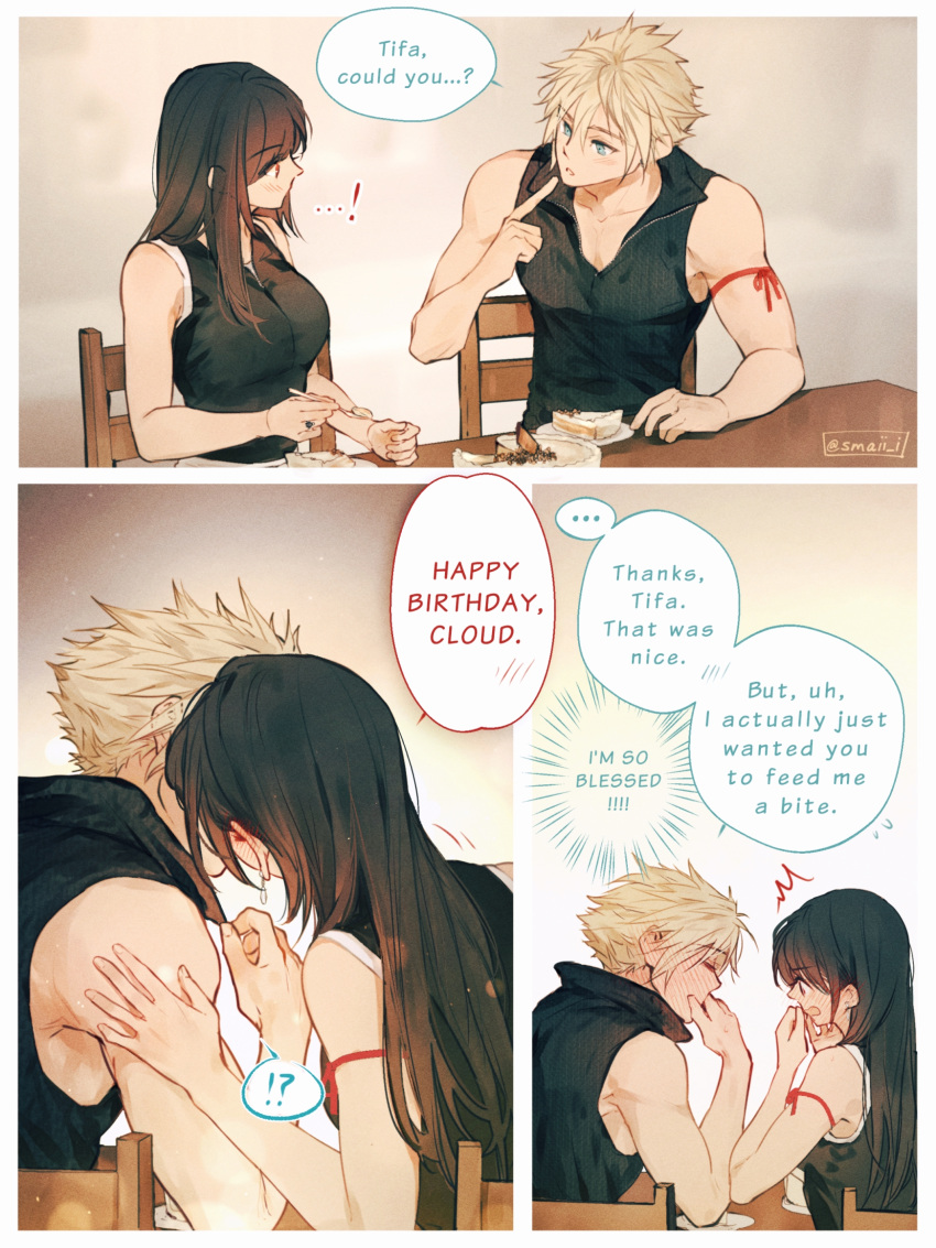!? ...! 1boy 1girl arm_ribbon bare_shoulders birthday birthday_cake black_hair black_vest blonde_hair blue_eyes blush breasts cake cloud_strife collarbone commentary couple crop_top ear_blush earrings english_commentary english_text final_fantasy final_fantasy_vii final_fantasy_vii_advent_children flying_sweatdrops food fork hair_between_eyes hand_on_another's_arm happy_birthday hetero highres holding holding_fork indoors jewelry kiss large_breasts long_hair looking_at_another maiii_(smaii_i) open_mouth pointing pointing_at_self red_eyes red_ribbon ribbon ring shirt short_hair single_earring single_sidelock sitting sleeveless sleeveless_shirt speech_bubble spiky_hair surprised swept_bangs table tank_top teardrop_earring tifa_lockhart twitter_username upper_body vest white_tank_top wooden_chair wooden_table