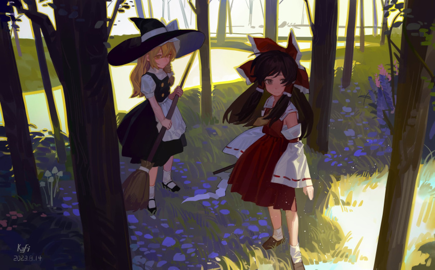 2girls apron ascot black_footwear black_hair black_headwear black_skirt black_vest blonde_hair bow broom brown_eyes brown_footwear closed_mouth commentary dated detached_sleeves gohei hair_bow hair_tubes hakurei_reimu hat hat_bow highres holding holding_broom holding_gohei japanese_clothes kirisame_marisa kofi-mo long_hair multiple_girls nontraditional_miko red_bow ribbon-trimmed_sleeves ribbon_trim shirt shoes short_sleeves sidelocks signature skirt socks symbol-only_commentary touhou tree vest waist_apron white_apron white_bow white_shirt white_sleeves white_socks wide_sleeves witch_hat yellow_ascot yellow_eyes