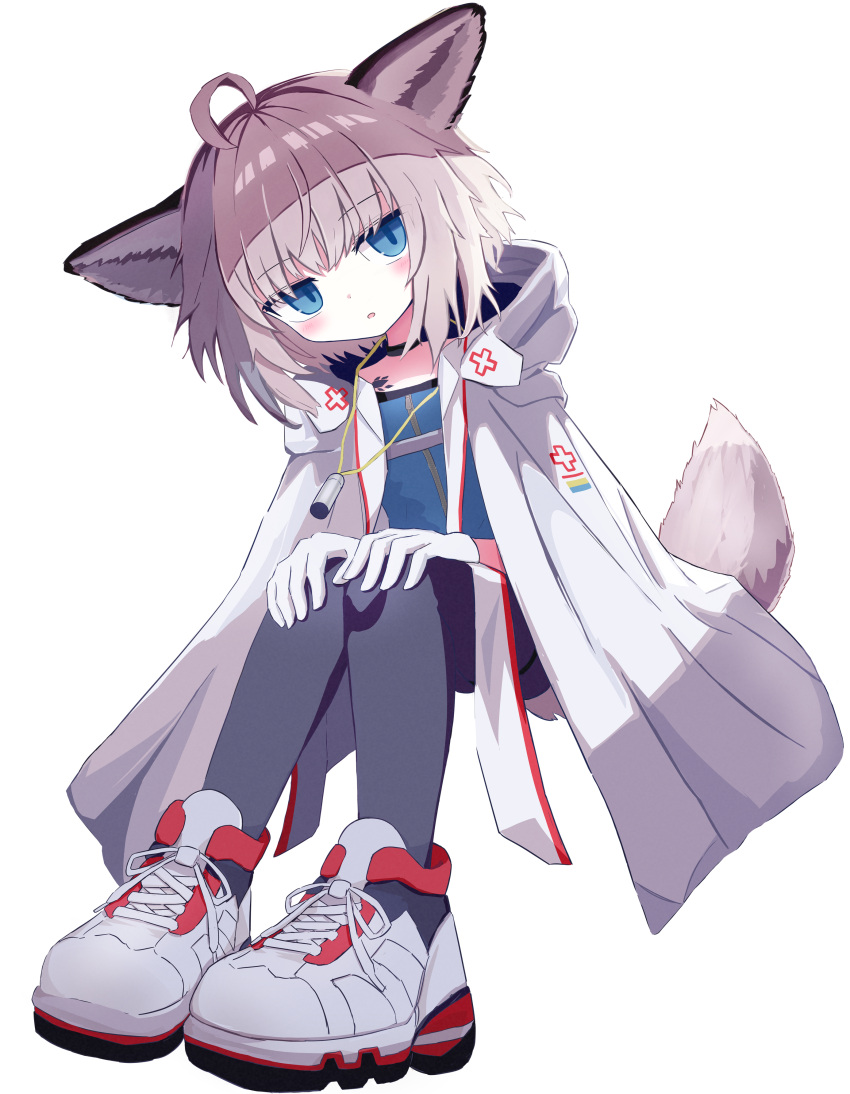 1girl absurdres ahoge animal_ears arknights black_choker black_pantyhose blue_eyes blue_shirt blush brown_hair cape choker fox_ears fox_girl fox_tail gloves highres hood hood_down hooded_cape invisible_chair looking_at_viewer neumo_(_neumo_) oripathy_lesion_(arknights) pantyhose parted_lips shirt shoes short_hair simple_background sitting solo sussurro_(arknights) tail white_background white_cape white_footwear white_gloves