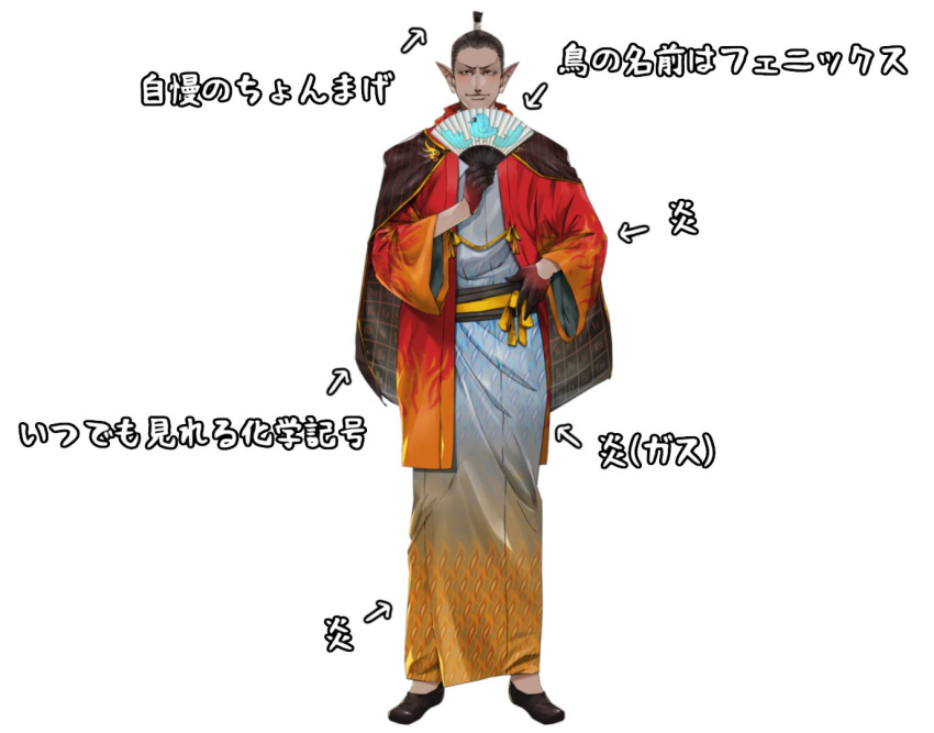 1boy black_footwear black_gloves black_sash closed_mouth coat dark-skinned_male dark_skin flame_print full_body gloves gradient_kimono gwelu_os_gar gwelu_os_gar_(2nd_costume) hand_fan hand_on_own_hip haori holding holding_fan ikuyoan japanese_clothes kimono looking_at_viewer male_focus multicolored_clothes nijisanji obi obijime official_art paper_fan pointy_ears red_coat sash second-party_source simple_background smile solo tachi-e topknot translation_request virtual_youtuber white_background yellow_sash