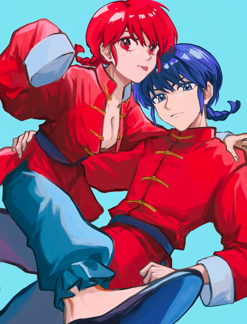 1boy 1girl absurdres aqua_background blue_eyes blue_hair braid braided_ponytail breasts chinese_clothes closed_mouth dual_persona highres ranma-chan ranma_1/2 redhead saotome_ranma simple_background tongue tongue_out wacz2724_(user_wacz2724)