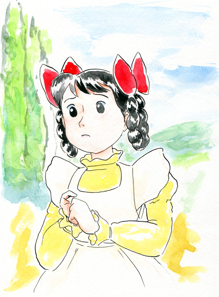 1girl anne_of_green_gables apron black_eyes black_hair blue_sky bow braid child closed_mouth commentary_request day diana_barry flat_chest hair_bow hair_rings hands_up highres juliet_sleeves long_sleeves maid_apron oira_wa_arumajiro outdoors own_hands_together puffy_sleeves red_bow shirt short_hair sky solo standing swept_bangs tree twin_braids upper_body white_apron world_masterpiece_theater yellow_shirt