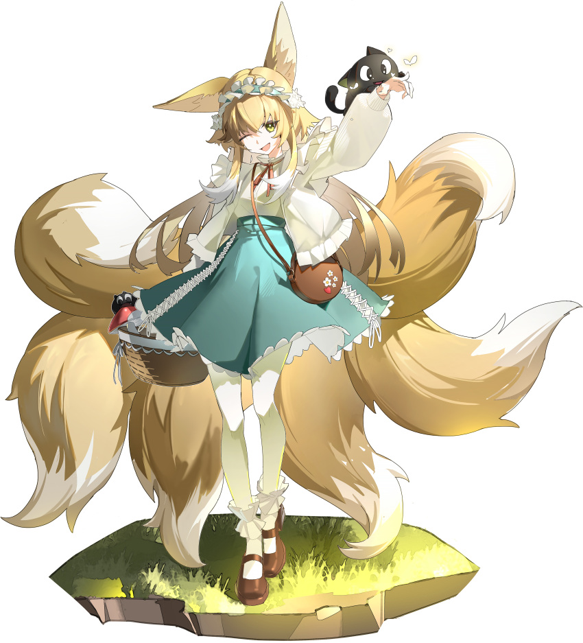 1girl :d absurdres animal_ears aqua_hairband aqua_skirt arknights bag basket bijian_de_linghun black_cat blonde_hair bobby_socks brown_bag brown_footwear cardigan cat chinese_commentary commentary_request cross-laced_clothes cross-laced_skirt cross-laced_slit crossover fox_ears fox_girl fox_tail frilled_hairband frills full_body green_eyes hair_between_eyes hair_down hair_ornament hair_scrunchie hairband handbag heixiu high-waist_skirt highres holding holding_basket kitsune kyuubi long_hair long_sleeves looking_at_viewer luo_xiaohei luo_xiaohei_zhanji mary_janes multicolored_hair multiple_tails neck_ribbon official_alternate_costume one_eye_closed open_cardigan open_clothes open_mouth puffy_long_sleeves puffy_sleeves red_ribbon ribbon round_bag scrunchie shirt shirt_tucked_in shoes shoulder_bag simple_background skirt sleeve_cuffs smile socks standing straight_hair suzuran_(arknights) suzuran_(spring_praise)_(arknights) tail two-tone_hair white_background white_cardigan white_hair white_shirt white_socks