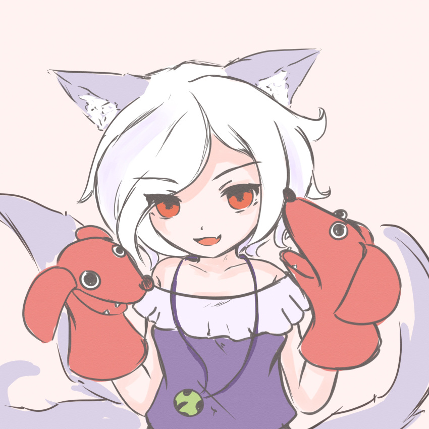 1girl absurdres animal_ears dog_ears dog_tail hand_puppet highres jewelry kokowoch mitsugashira_enoko multiple_tails necklace off_shoulder open_mouth puppet purple_shirt red_eyes shirt short_hair short_sleeves smile solo swept_bangs tail touhou unfinished_dream_of_all_living_ghost white_hair