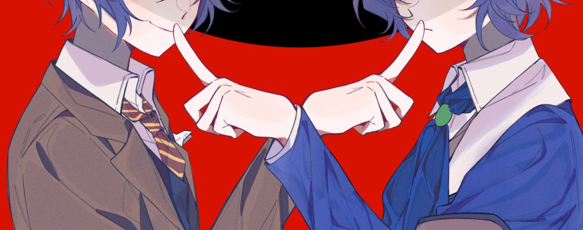 2boys ascot blue_ascot blue_coat blue_hair brown_coat brown_necktie chesed_(project_moon) coat daniel_(project_moon) dual_persona finger_to_mouth head_out_of_frame highres identity_(vocaloid) index_finger_raised lobotomy_corporation long_sleeves medium_hair multiple_boys necktie project_moon sakiaoba shushing upper_body wing_collar