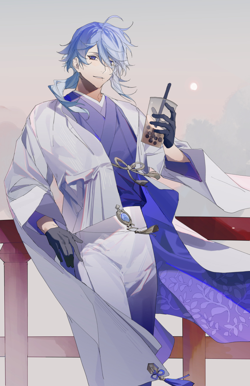 1boy agemaki_knot ahoge alternate_costume asymmetrical_hair black_gloves blue_hair bridge bubble_tea chinese_knot cowboy_shot cup disposable_cup drink drinking_straw elbow_rest floral_print genshin_impact gloves gold_tassel hand_up high-waist_pants highres holding holding_cup holding_drink jacket japanese_clothes kamisato_ayato kiwo20000 leaning_on_object long_sleeves looking_at_viewer male_focus medium_hair mole mole_under_mouth outdoors pants parted_lips purple_shirt purple_tassel shirt shirt_tucked_in smile solo standing sun tassel two-sided_fabric two-sided_jacket violet_eyes vision_(genshin_impact) white_jacket white_pants wide_sleeves wind wooden_bridge