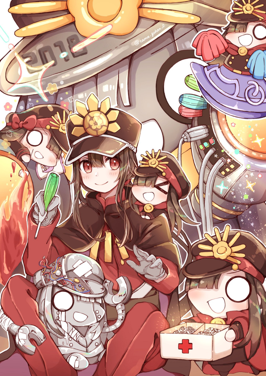 1boy 2018 blush cable crying facing_viewer family_crest fate/grand_order fate_(series) fire first_aid_kit hair_between_eyes hat hi_(wshw5728) highres holding holding_screwdriver long_hair long_sleeves military_hat mini_nobu_(fate) oda_nobukatsu_(fate) oda_uri open_mouth otoko_no_ko pants red_eyes red_pants red_shirt roasting robot screwdriver shirt sidelocks sitting streaming_tears tears ufo very_long_hair
