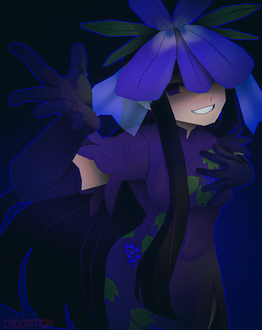 1girl black_gloves black_hair china_dress chinese_clothes cruormor dress elbow_gloves flower flower_on_head gloves grape_print highres long_hair looking_at_viewer one_eye_covered purple_dress purple_flower short_sleeves smile solo touhou unfinished_dream_of_all_living_ghost vine_print violet_eyes yomotsu_hisami