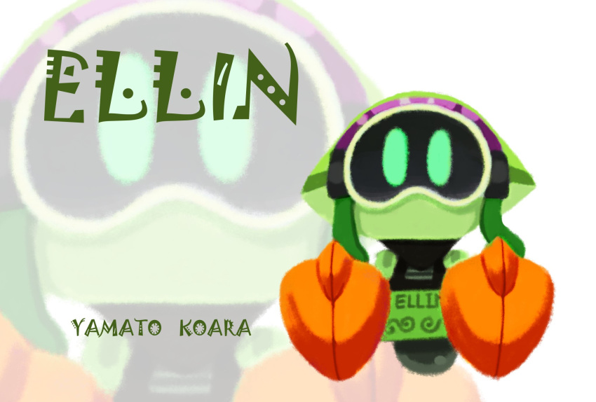 artist_name character_name commentary_request full_body gloves green_eyes highres koaraymt looking_at_viewer no_humans orange_gloves original projected_inset robot solid_oval_eyes white_background