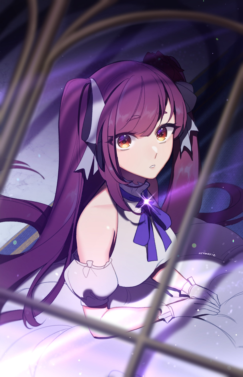 1girl absurdres blue_hair detached_sleeves dress gloves gradient_eyes halterneck highres live_union long_dress long_hair looking_at_viewer multicolored_eyes nrnmarie parted_lips red_eyes ruri_enma_(live_union) solo twintails very_long_hair violet_eyes white_dress white_gloves yellow_eyes