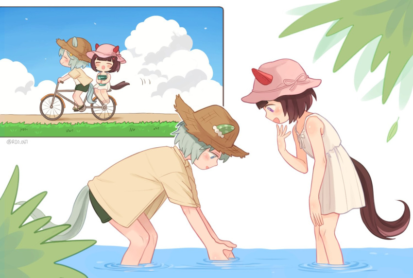 2girls animal_ears aqua_hair bent_over bicycle blue_eyes blush brown_hair chibi clouds day dress ear_covers ears_through_headwear grass green_shorts hat horse_ears horse_girl horse_tail multiple_girls multiple_views nishino_flower_(umamusume) open_mouth outdoors pink_dress pink_headwear riding riding_bicycle rio_(rio_067) ripples seiun_sky_(umamusume) shirt short_hair short_sleeves shorts sleeveless sleeveless_dress straw_hat tail umamusume violet_eyes wading water yellow_shirt