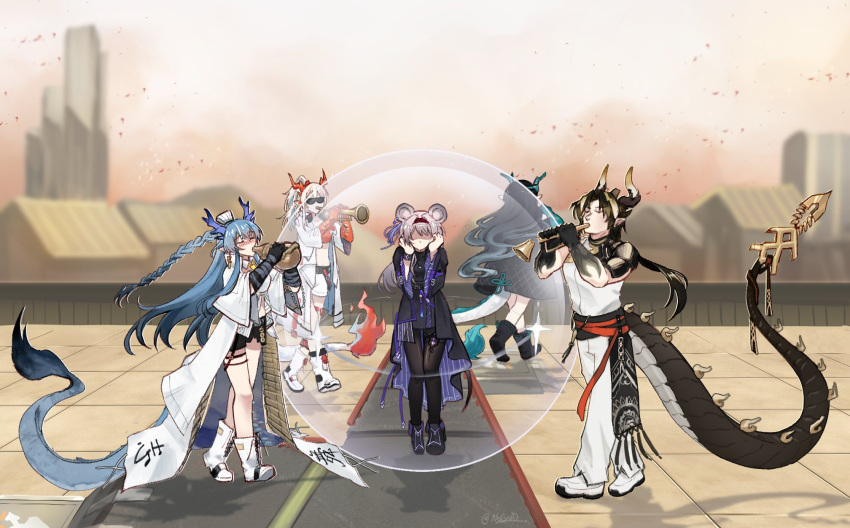 1boy 4girls animal_ears arknights black_dress black_footwear black_hair black_tail blue_hair blue_horns blue_tail chong_yue_(arknights) dress drinking dusk_(arknights) highres horns ling_(arknights) meme mouse_ears multiple_girls nian_(arknights) no_grad purple_hair red_horns shoes sunglasses tail trumpet_boy_(meme) white_footwear white_hair white_tail