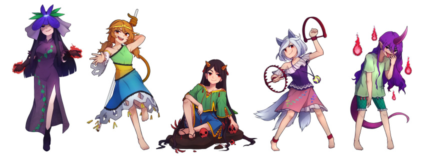 5girls absurdres animal_ears barefoot black_hair bracelet brown_hair china_dress chinese_clothes circlet detached_sleeves dog_ears dog_girl dress extra_tails feet flower flower_on_head food foothold_trap full_body highres horns jewelry legs looking_at_viewer low_twintails miniskirt mitsugashira_enoko monkey_tail multicolored_clothes multicolored_dress multicolored_hair multiple_girls necklace oni_horns onigiri parted_bangs purple_dress purple_hair red_eyes sandals shorts single-shoulder_dress single_detached_sleeve single_horn skirt skull smile son_biten speckticuls tail tenkajin_chiyari toes touhou twintails unfinished_dream_of_all_living_ghost yomotsu_hisami
