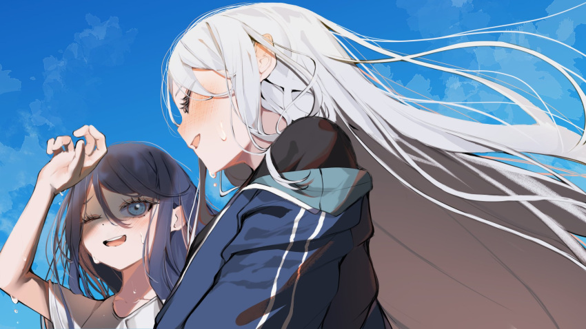 2girls arm_up black_hair black_shirt blue_eyes blue_jacket blue_sky closed_eyes commentary_request day from_below hair_between_eyes highres hoshino_ichika_(project_sekai) jacket long_hair looking_at_another multiple_girls open_clothes open_jacket open_mouth project_sekai shading_eyes shirt sky smile sweat teeth track_jacket tsune_(tune) upper_teeth_only very_long_hair white_hair white_shirt yoisaki_kanade