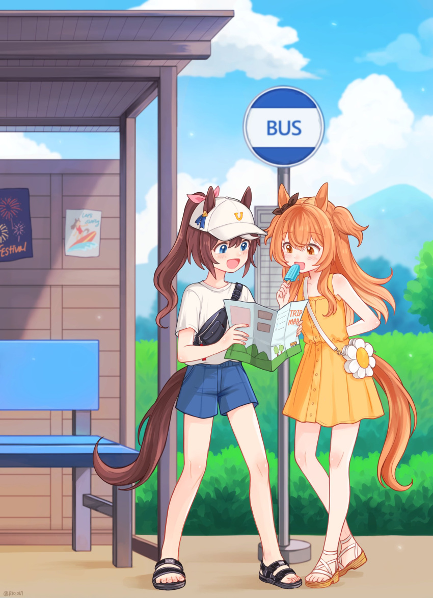 2girls absurdres alternate_costume animal_ears arm_behind_back bag baseball_cap bench blue_eyes blue_shorts brown_hair bus_stop bus_stop_sign bush casual clouds day ear_bow ears_through_headwear fanny_pack flat_chest food hat hedge highres holding holding_map horse_ears horse_girl horse_tail long_hair map mayano_top_gun_(umamusume) multiple_girls open_mouth orange_hair outdoors ponytail popsicle rio_(rio_067) sandals shirt shirt_tucked_in shorts shoulder_bag smile standing tail toes tokai_teio_(umamusume) twitter_username two_side_up umamusume white_headwear white_shirt