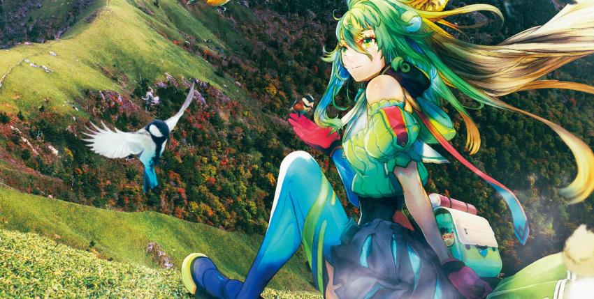 1girl asai_genji atalanta_(fate) bare_shoulders bird bird_on_hand blonde_hair blue_pantyhose day fate/grand_order fate_(series) floating gloves green_eyes green_hair hair_ornament highres hill hood hood_down long_hair multicolored_hair nature official_art outdoors pantyhose photo_background puffy_short_sleeves puffy_sleeves red_gloves short_sleeves sitting smile solo two-tone_hair