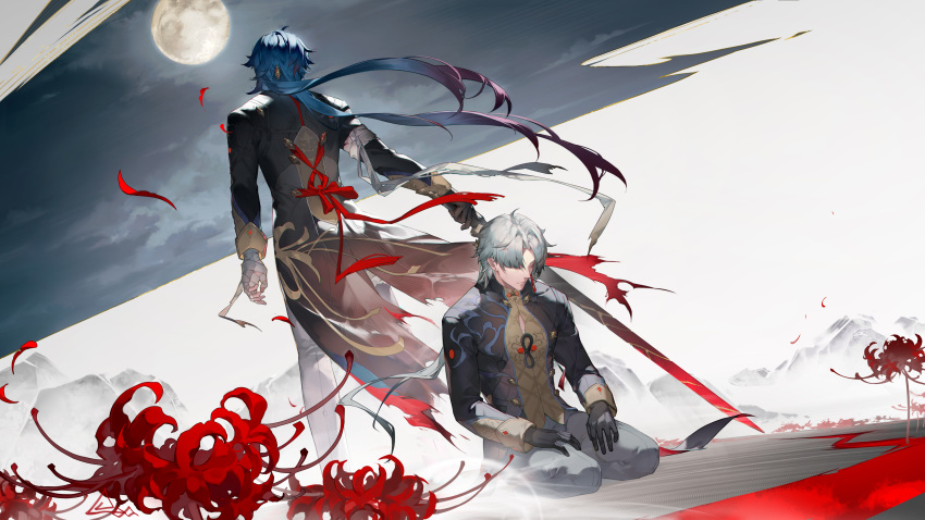 1boy absurdres ahoge bandaged_arm bandaged_hand bandages black_gloves black_jacket blade_(honkai:_star_rail) blue_hair closed_eyes closed_mouth clouds earrings falling_petals floating_hair flower full_moon gloves grey_pants highres holding holding_sword holding_weapon honkai:_star_rail honkai_(series) jacket jewelry long_hair male_focus moon multiple_views night night_sky on_ground pants parted_bangs petals red_flower red_petals rock seiza sitting sky spade-m spider_lily sword tassel tassel_earrings weapon white_hair white_pants
