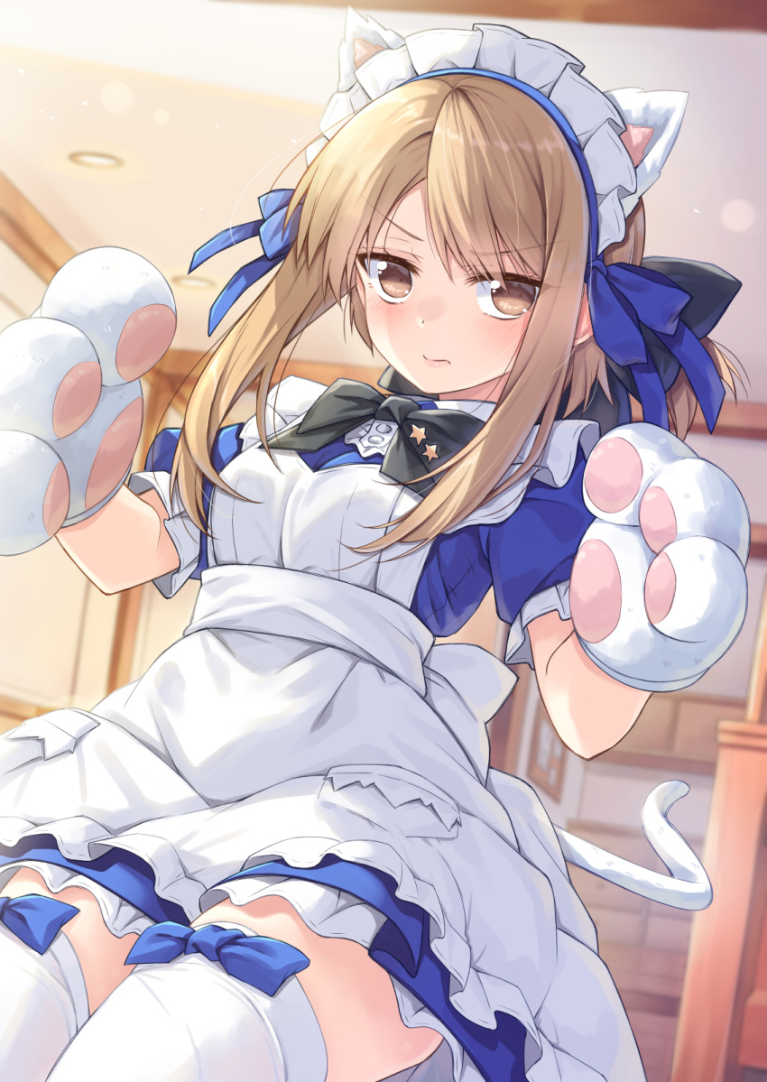 1girl animal_ears animal_hands apron black_bow blue_bow blue_dress blurry blurry_background blush bow brown_eyes brown_hair cat_ears cat_tail closed_mouth dress fake_animal_ears frills gloves highres ina_(inadahime) indoors looking_at_viewer maid maid_headdress original paw_gloves puffy_short_sleeves puffy_sleeves short_sleeves solo tail thigh-highs tsubaki-chan_(ina_(inadahime)) white_apron white_thighhighs