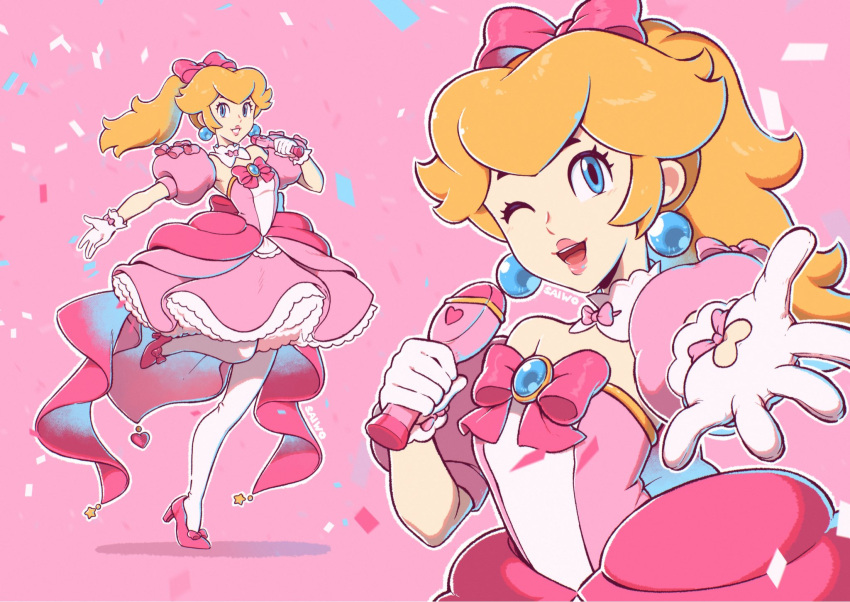 1girl ;d alternate_costume artist_name blonde_hair blue_eyes bow choker confetti dress earrings full_body gloves high_heels highres idol_clothes jewelry kneehighs looking_at_viewer microphone one_eye_closed open_mouth pantyhose pink_background pink_bow pink_dress pink_footwear ponytail princess_peach puffy_sleeves saiwo_(saiwoproject) smile socks solo sphere_earrings star_(symbol) super_mario_bros. white_choker white_gloves white_socks
