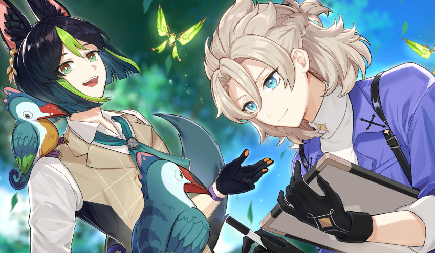 2boys absurdres albedo_(genshin_impact) animal_ear_fluff animal_ears aqua_ascot aqua_eyes ascot bird black_gloves black_hair black_vest blue_eyes blue_feathers blue_sky blunt_ends blurry blurry_background braid branch brown_feathers brown_vest bug butterfly butterfly_wings checkered_clothes checkered_vest closed_mouth collared_shirt collared_vest crystalfly_(genshin_impact) day earrings feathered_wings feathers flying fox_boy fox_ears fox_tail french_braid genshin_impact gloves gold_earrings green_butterfly green_feathers green_hair hair_between_eyes hand_up hands_up highres holding holding_pen jewelry leaf_earrings light_brown_hair long_sleeves looking_at_another looking_at_viewer looking_down multicolored_hair multiple_boys multiple_girls open_clothes open_mouth open_shirt outdoors pen purple_shirt shirt short_hair single_earring sitting sitting_on_person sky smile standing star_(symbol) star_print stars4993 suspenders sweater tail teeth tighnari_(genshin_impact) tongue tree turtleneck turtleneck_sweater two-tone_hair two-tone_vest vest white_shirt white_sweater wings yellow_eyes