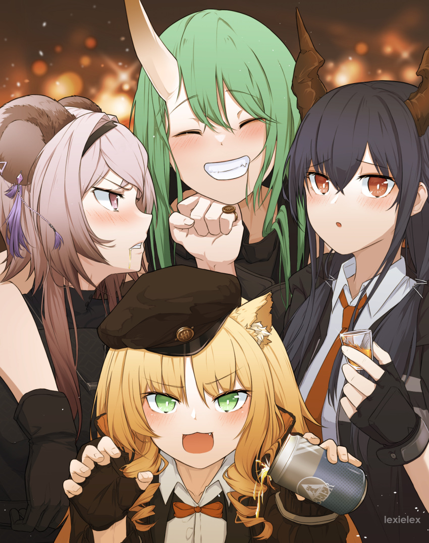 4girls :d :o animal_ear_fluff animal_ears arknights arm_around_neck artist_name black_gloves black_hair black_headwear black_jacket blonde_hair blurry blurry_background brown_eyes brown_necktie can ch'en_(arknights) clenched_teeth collared_shirt commentary depth_of_field dragon_horns dress_shirt english_commentary fang fingerless_gloves gloves green_eyes green_hair grin hair_between_eyes hands_up hat highres holding holding_can horns hoshiguma_(arknights) jacket lexielex lin_(arknights) long_hair looking_at_viewer multiple_girls necktie oni oni_horns open_clothes open_jacket parted_bangs parted_lips peaked_cap shirt signature single_horn smile swire_(arknights) teeth tiger_ears tilted_headwear upper_body white_shirt