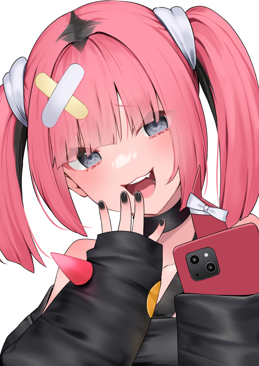 1girl :d black_choker black_hair black_jacket black_nails cellphone choker commentary_request fingernails grey_eyes hashiko_nowoto highres holding holding_phone jacket looking_at_viewer multicolored_hair nail_polish phone pink_hair pokemon pokemon_(anime) pokemon_horizons sango_(pokemon) simple_background sleeves_past_wrists smile solo teeth twintails two-tone_hair upper_body upper_teeth_only white_background