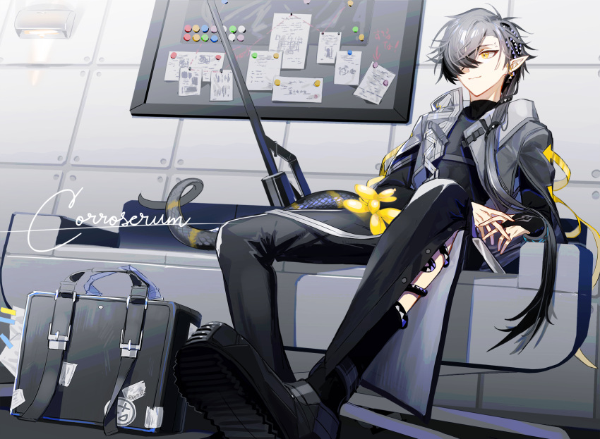 1boy androgynous arknights balloon_animal black_footwear black_gloves black_hair black_pants briefcase bulletin_board character_name commentary corroserum_(arknights) couch crossed_bangs earrings fingerless_gloves gloves grey_jacket gun hair_ornament hair_over_one_eye highres indoors jacket jacket_on_shoulders jewelry kiri_(pyonta) knee_cutout long_hair looking_to_the_side male_focus own_hands_together pants paper pointy_ears ponytail rifle shoe_soles single_glove sitting sling smile snake_boy snake_hair_ornament snake_tail solo tail wall weapon