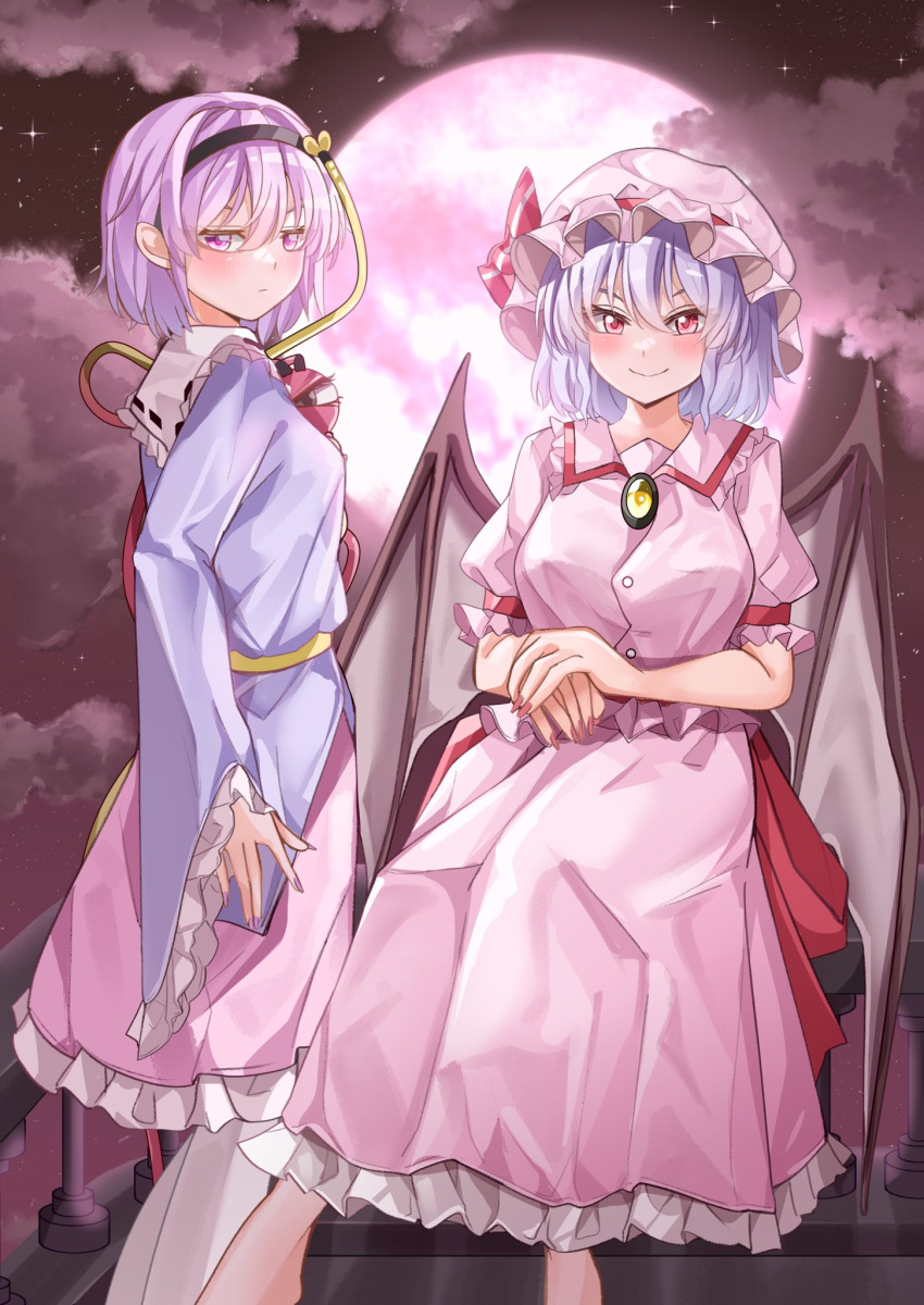 2girls bat_wings black_hairband blouse breasts brooch buttons closed_mouth clouds cloudy_sky collared_shirt feet_out_of_frame frilled_shirt frilled_shirt_collar frilled_skirt frilled_sleeves frills from_side full_moon hair_between_eyes hairband hat hat_ribbon highres jewelry komeiji_satori large_wings light_smile long_sleeves looking_at_viewer looking_to_the_side maboroshi_mochi medium_breasts medium_hair mob_cap moon multiple_girls nail_polish night night_sky outdoors own_hands_together pantyhose pink_eyes pink_hair pink_headwear pink_nails pink_shirt pink_skirt puffy_short_sleeves puffy_sleeves purple_hair purple_nails purple_shirt red_eyes red_moon red_ribbon remilia_scarlet ribbon ribbon-trimmed_headwear ribbon_trim shirt short_hair short_sleeves sitting skirt skirt_set sky sleeve_ribbon standing star_(sky) starry_sky third_eye touhou v-shaped_eyebrows white_pantyhose wide_sleeves wings yellow_brooch