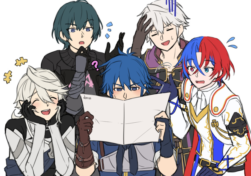 5boys alear_(fire_emblem) alear_(male)_(fire_emblem) blue_eyes blue_hair byleth_(fire_emblem) byleth_(male)_(fire_emblem) closed_eyes corrin_(fire_emblem) corrin_(male)_(fire_emblem) fire_emblem fire_emblem:_new_mystery_of_the_emblem fire_emblem:_three_houses fire_emblem_awakening fire_emblem_engage fire_emblem_fates gloves hair_between_eyes heterochromia highres holding kris_(fire_emblem) kris_(male)_(fire_emblem) long_sleeves looking_at_another multicolored_hair multiple_boys open_mouth red_eyes robin_(fire_emblem) robin_(male)_(fire_emblem) shirt short_hair two-tone_hair white_background white_hair zuzu_(ywpd8853)