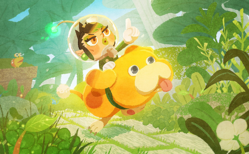 1boy blue_pikmin bulborb clover day flower gloves grass green_lips hanabatake_chaika helmet highres kilineko leaf lips male_focus nijisanji oatchi_(pikmin) open_mouth orange_eyes outdoors pikmin_(creature) pikmin_(series) pikmin_4 riding space_helmet spacesuit tongue tongue_out virtual_youtuber white_flower white_gloves