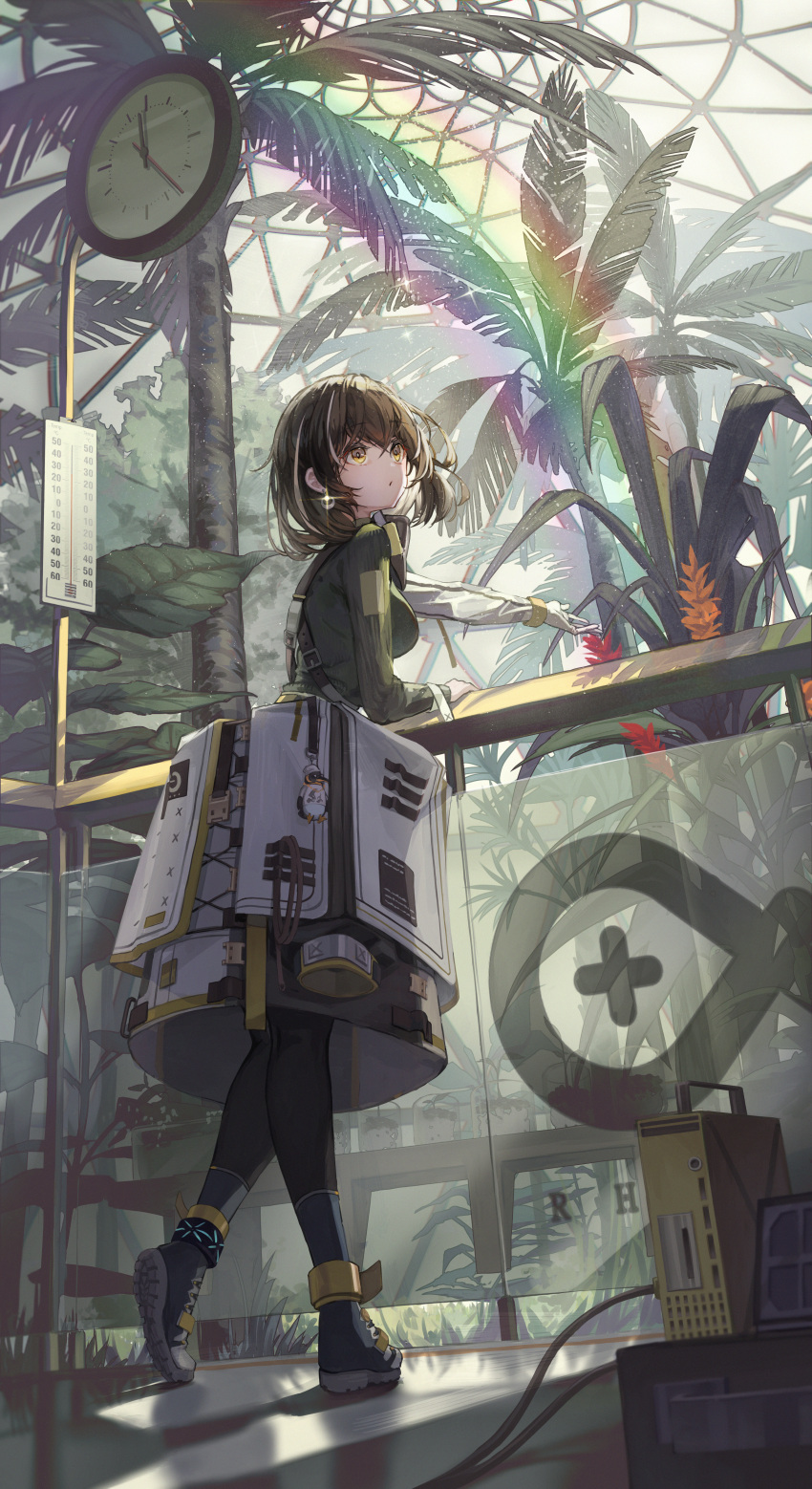 1girl :o absurdres arknights breasts brown_hair clock clothes_around_waist coat commentary commission earrings english_commentary full_body gloves grass green_sweater grey_footwear highres iasimo indoors infection_monitor_(arknights) jewelry looking_to_the_side magallan_(arknights) magallan_(elite_ii)_(arknights) medium_breasts outstretched_hand palm_tree plant railing rainbow rhine_lab_logo ribbed_sweater shadow shoes short_hair sneakers solo sparkle sweater thermometer tree white_coat white_gloves yellow_eyes
