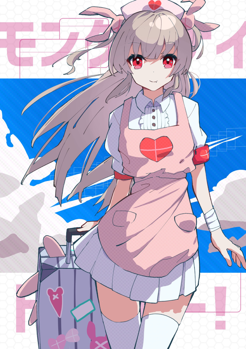 &gt;_&lt; 1girl absurdres apron bandaged_wrist bandages blue_sky center_frills closed_mouth clouds collared_dress commentary_request cowboy_shot dress frills hair_ornament hat heart heart_print highres holding holding_suitcase light_brown_hair long_hair looking_at_viewer natori_sana nurse_cap pink_apron pink_headwear puffy_short_sleeves puffy_sleeves rabbit_hair_ornament red_eyes rolling_suitcase sana_channel short_sleeves sky smile solo song_name standing suitcase thigh-highs two_side_up violet_(flower_violet22) virtual_youtuber white_dress white_thighhighs
