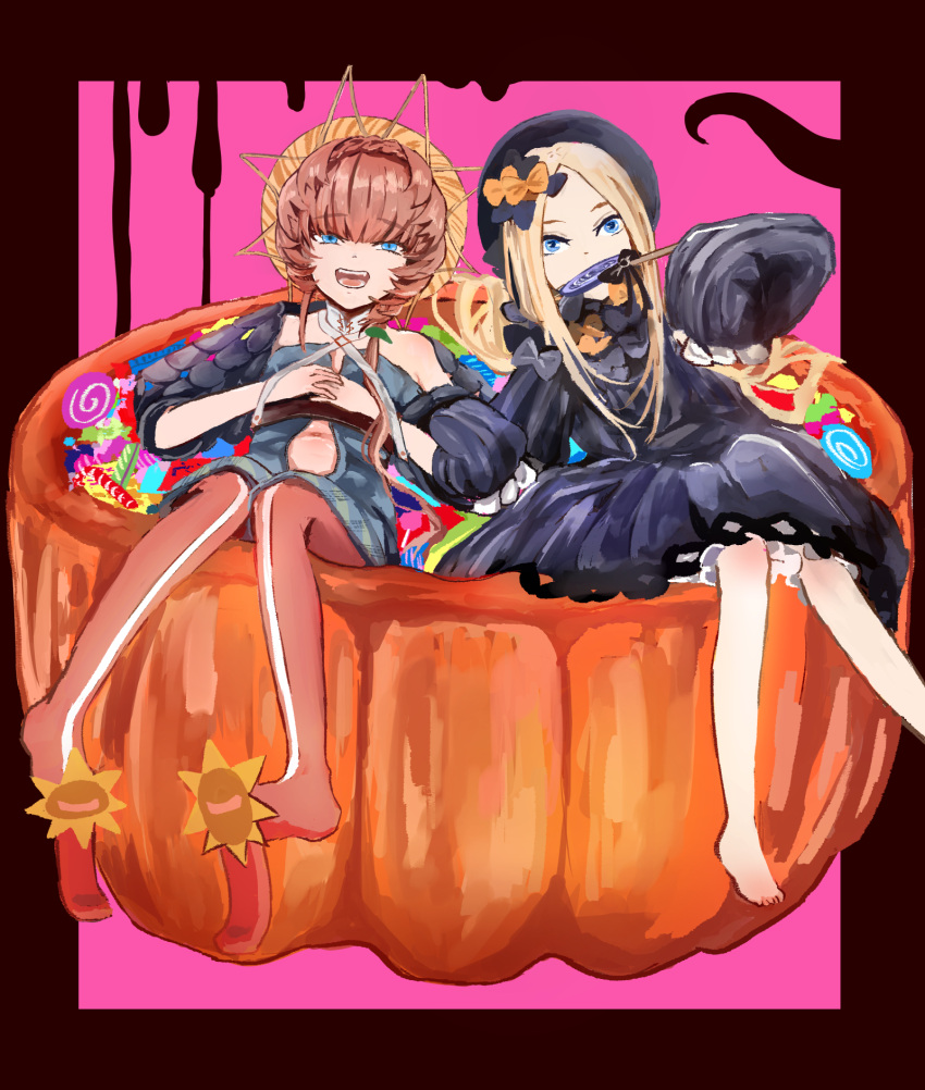 2girls abigail_williams_(fate) beret black_bow black_dress black_headwear black_sleeves blonde_hair blue_eyes blue_overalls bow braid brown_hair candy clothing_cutout crown_braid dress fangs fate/grand_order fate_(series) floral_print food food_in_mouth hair_bow hat highres looking_at_viewer multiple_girls navel navel_cutout open_mouth orange_bow orange_headwear overalls own_hands_clasped own_hands_together puffy_sleeves pumpkin shimogamo_(shimomo_12) side_braid sitting striped striped_headwear sunflower_print teeth tongue van_gogh_(fate)